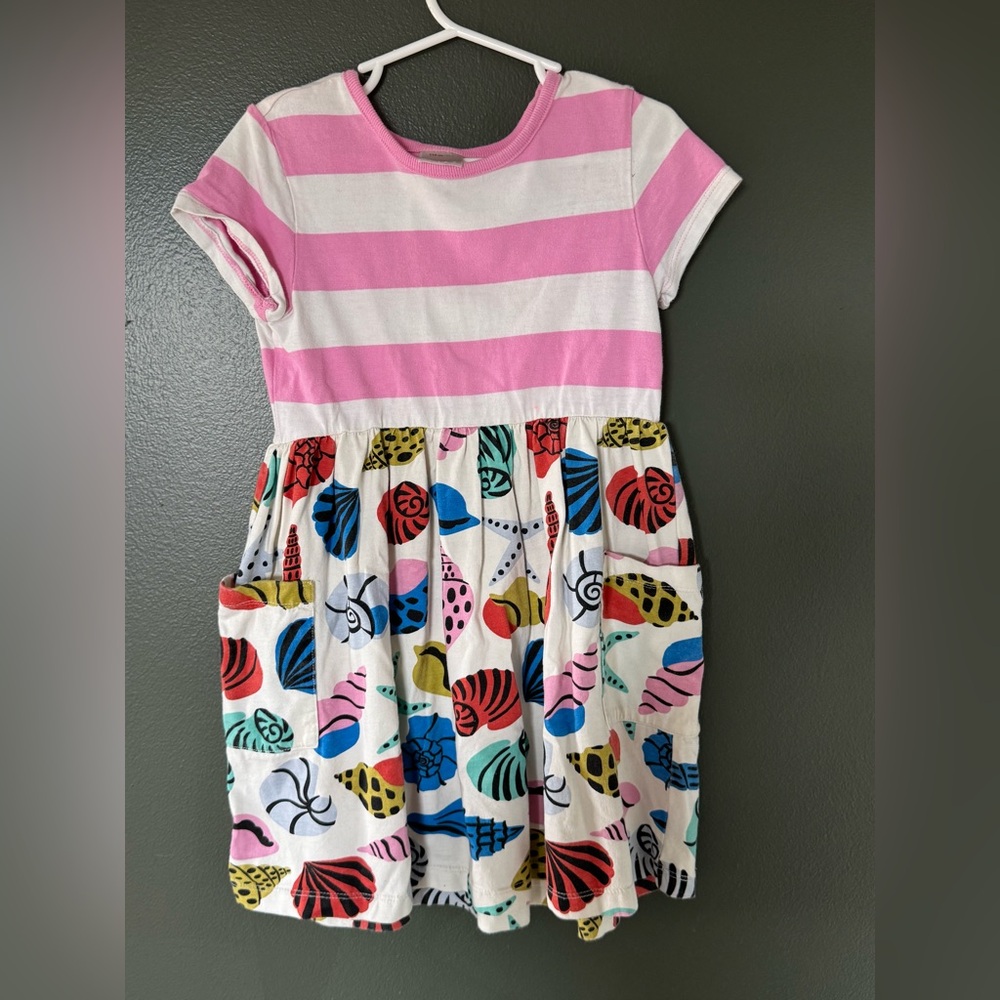 Girls Pink Stripe & Seashell Print Pocket Dress